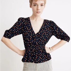 Madewell Smocked-Waist Black Prairie Posies top 2 SMALL